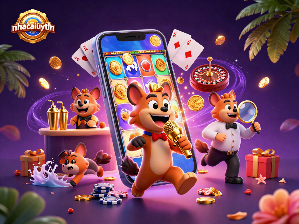 nhacaiuytin brings laughter to the casino with cartoon hyenas performing comedy, creating vibrant gaming energy.