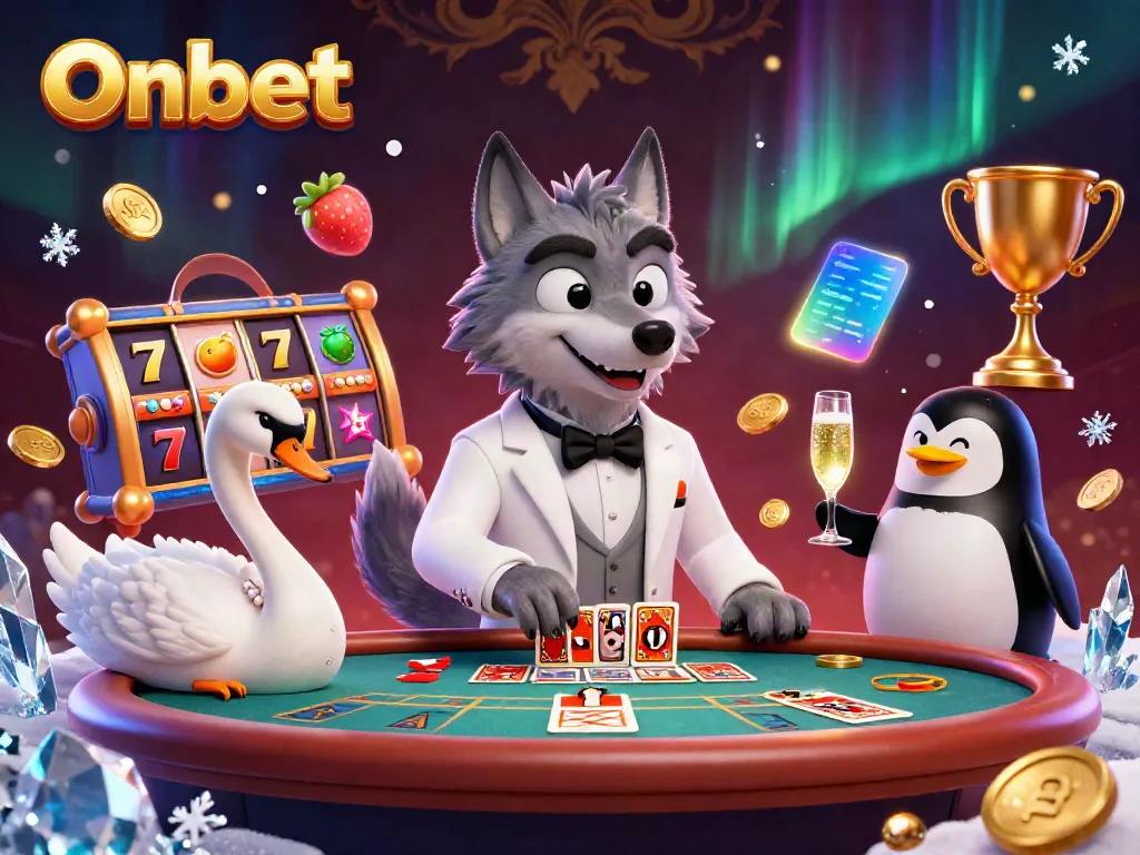 Engaging Onbet casino illustration showcasing a debonair wolf and elegant swan at a baccarat table