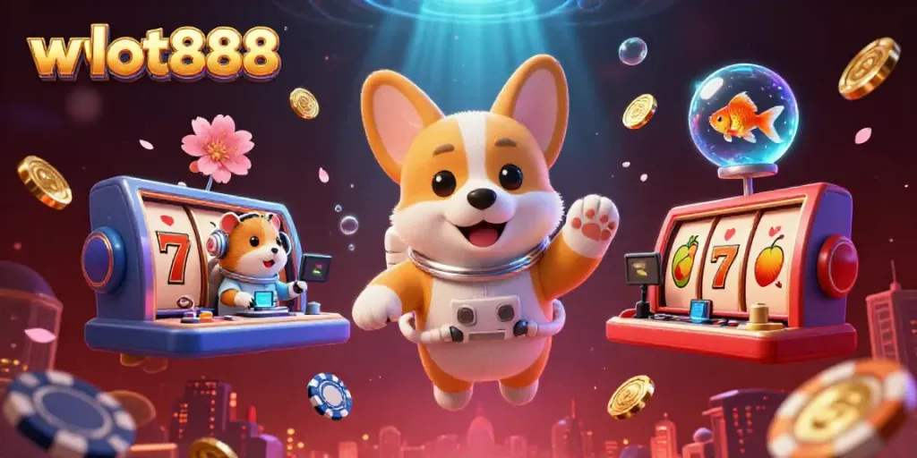 Permainan slot wslot888 menghibur dengan karakter unik di dalam kasino luar angkasa, dikelilingi koin emas.