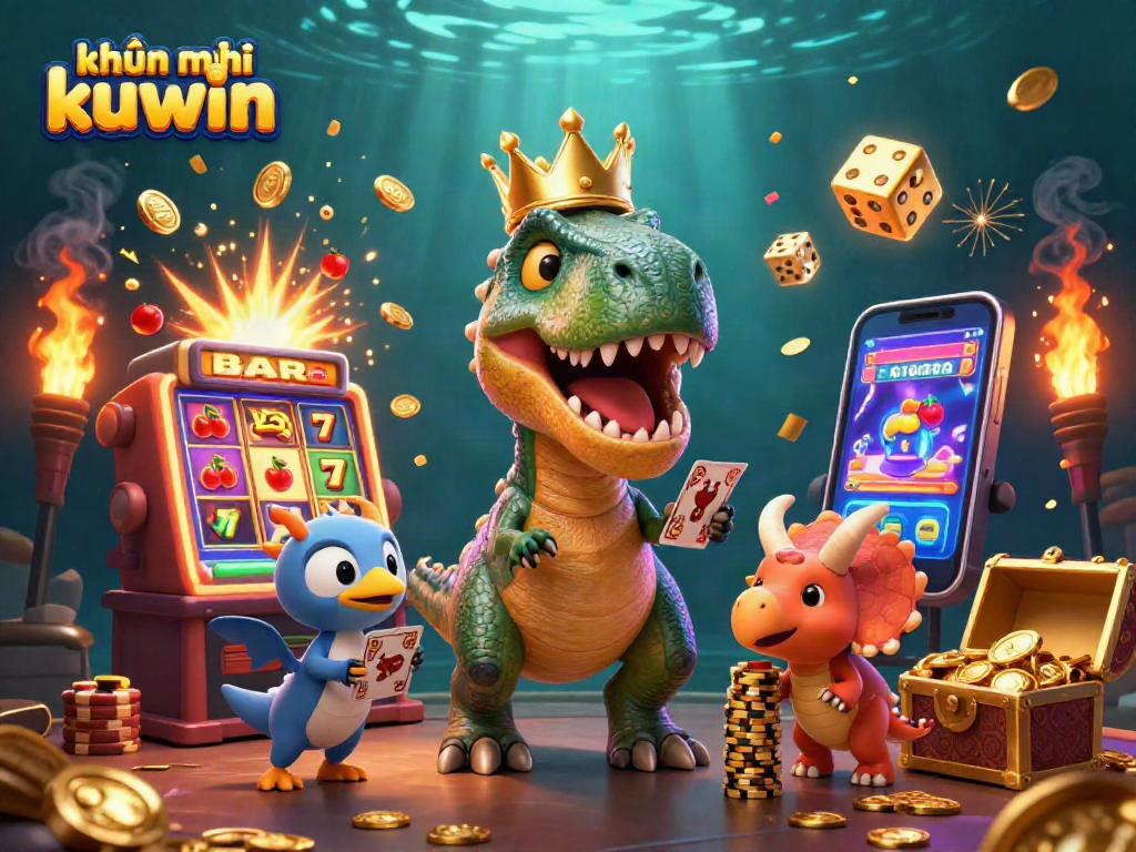 Experience khuyến mãi kuwin as a T-Rex shuffles cards beside friends, creating a vibrant 3D gaming scene.