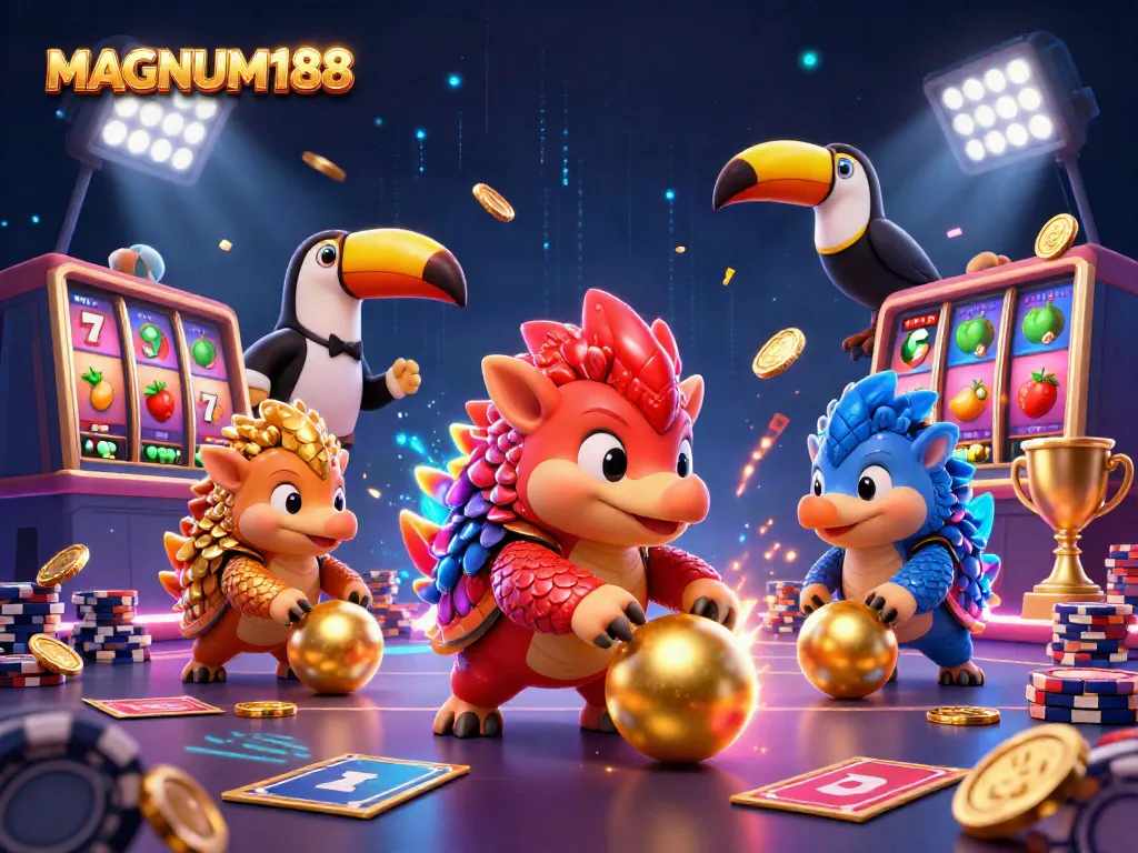 Bowling pangolins in a casino scene, showcasing the excitement of MAGNUM188's vibrant gaming atmosphere.