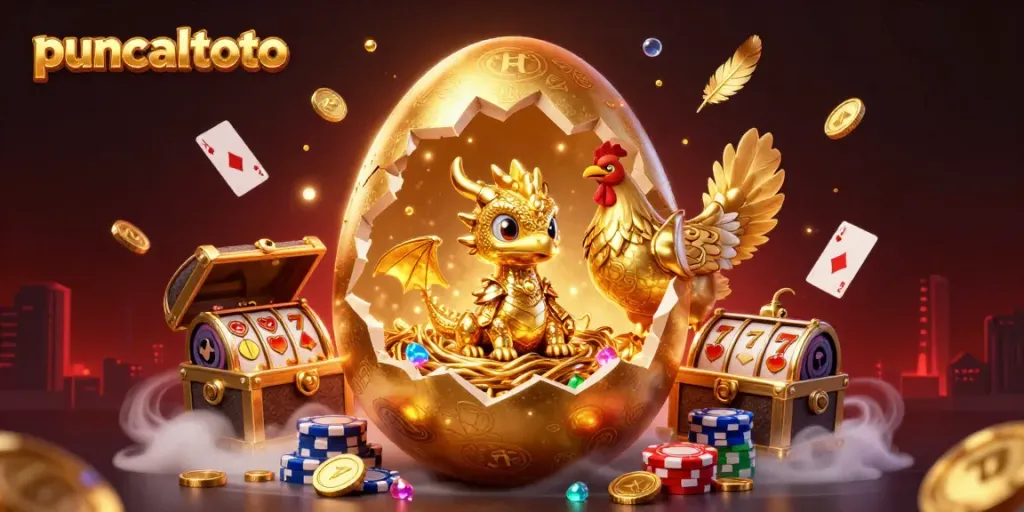 Puncaktoto menawarkan ilustrasi kasino yang mengesankan dengan naga emas dan simbol slot di sekitar.