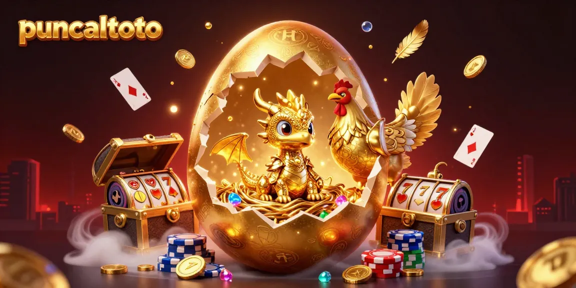 Puncaktoto menawarkan ilustrasi kasino yang mengesankan dengan naga emas dan simbol slot di sekitar.