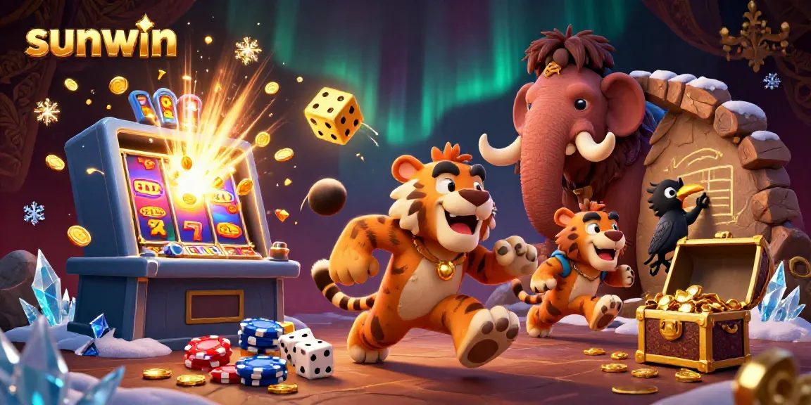 Experience the thrilling action at sunwin with a charismatic caveman and tiger duo in a lively prehistoric casino scene.