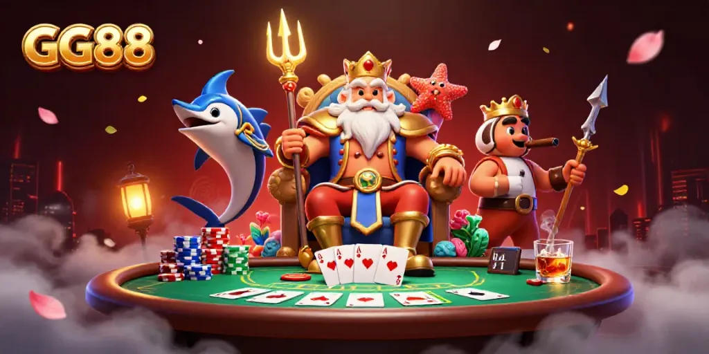 Experience the thrilling GG88 ambiance with Neptune and poker elements in a vibrant casino scene.