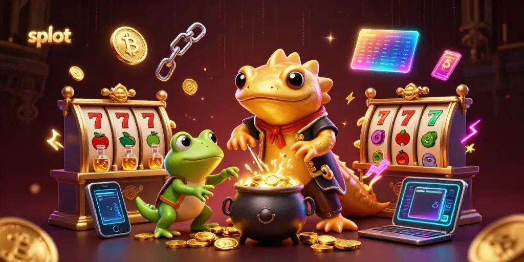 Menangkan slot dengan simbol keberuntungan dan koin emas dalam ilustrasi 3D penuh warna.