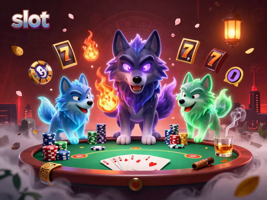 Engage with thrilling slot games in an exciting scene featuring ghostly wolves and poker elements.