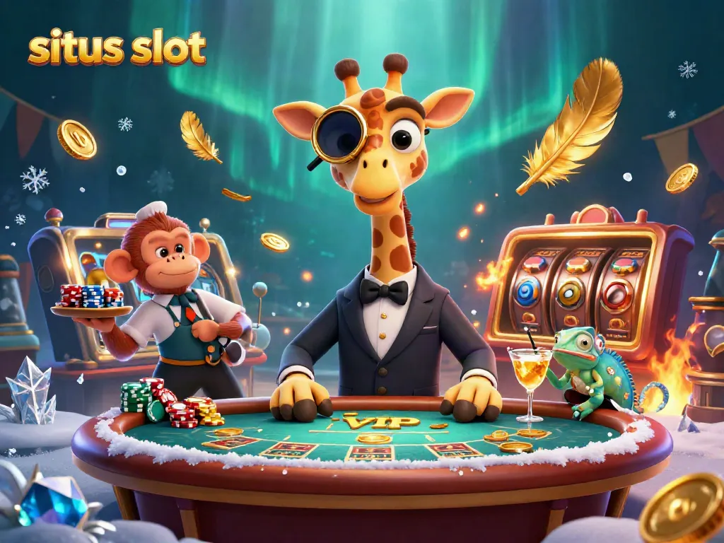 Gambarkan situs slot dengan jerapah berjas, valet monyet, dan bartender bunglon dalam suasana kasino.
