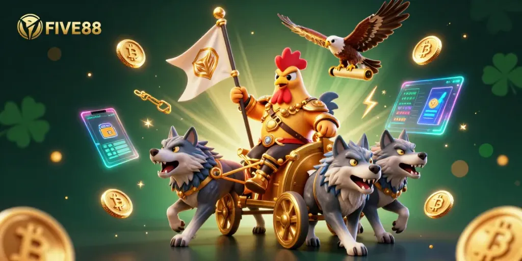 Experience thrilling gameplay with FIVE88 featuring a 3D cartoon rooster warlord in a dynamic casino scene.