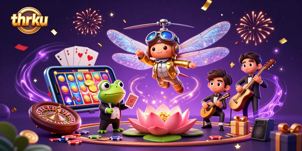 thrku's vibrant casino scene with a dragonfly pilot, frog croupier, and jazzy cricket musicians
