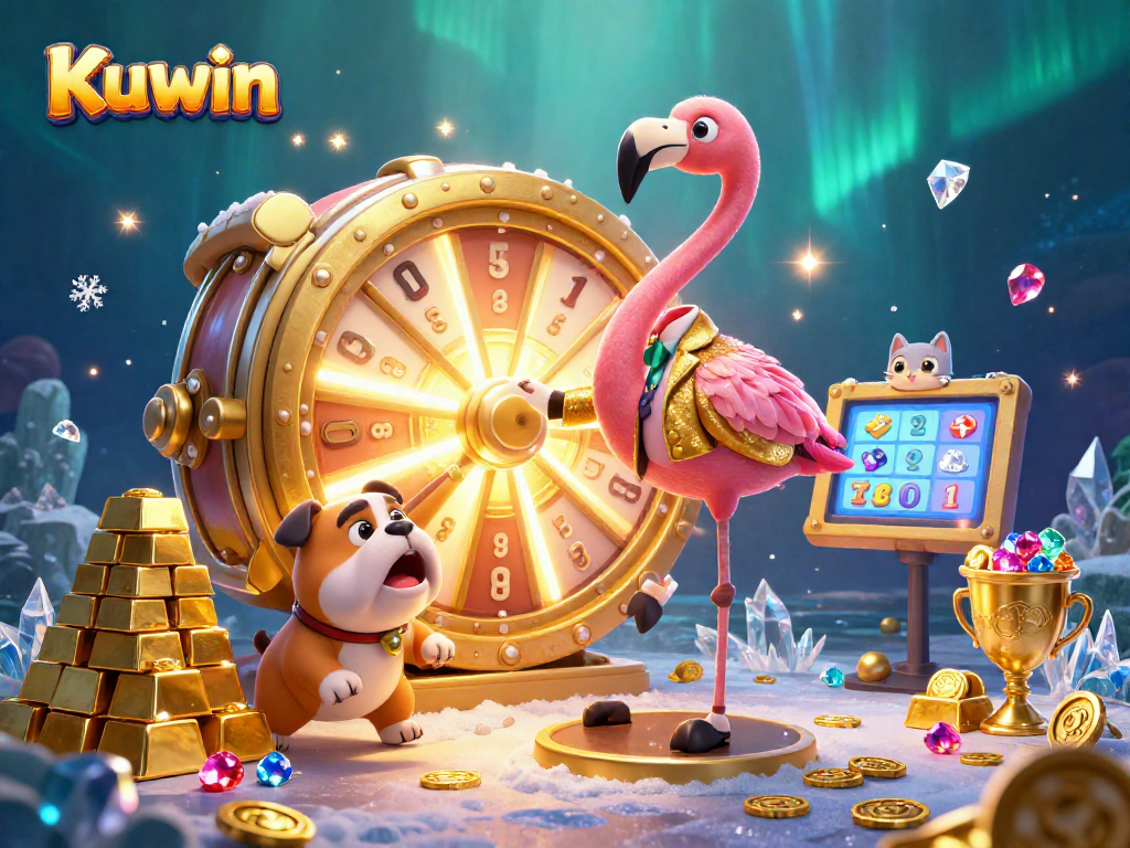 Kuwin offers a dazzling experience with a game show host, a bulldog contestant, and prizes amidst gold and gems.
