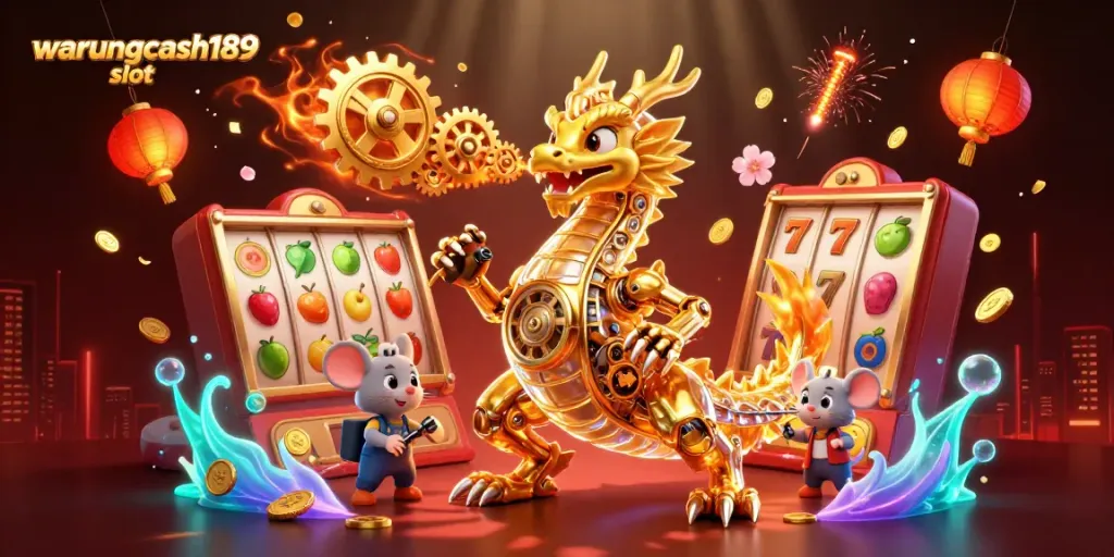 Experience the thrill of warungcash189 slot with vibrant 3D visuals featuring spinning reels and golden coins.