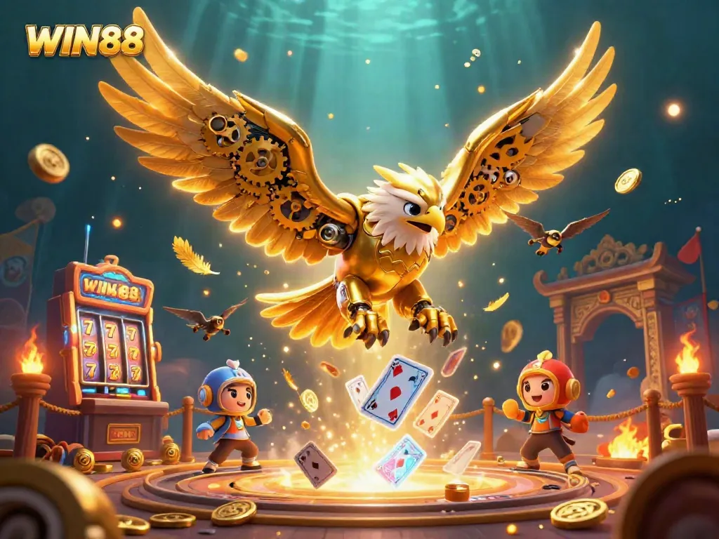 Witness the exhilarating action of WIN88 with a cybernetic eagle and vibrant gaming elements.