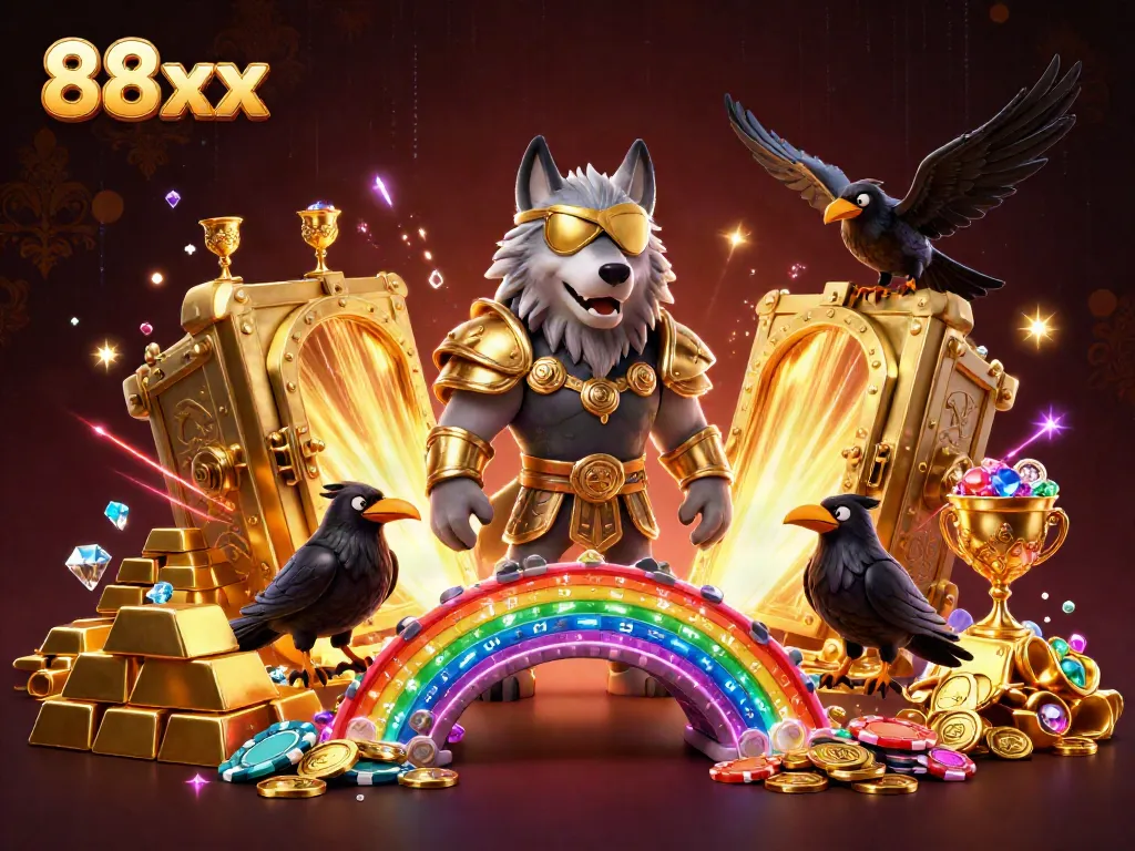 88xx features an Odin wolf with ravens near a casino chips bridge, embodying online gambling excitement.