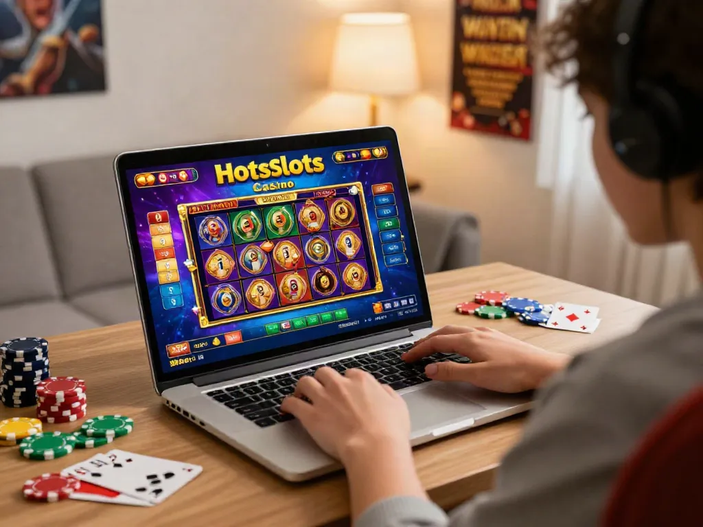 Hotslots Casino Spieler genießt spannende Slotspiele in gemütlicher Atmosphäre.