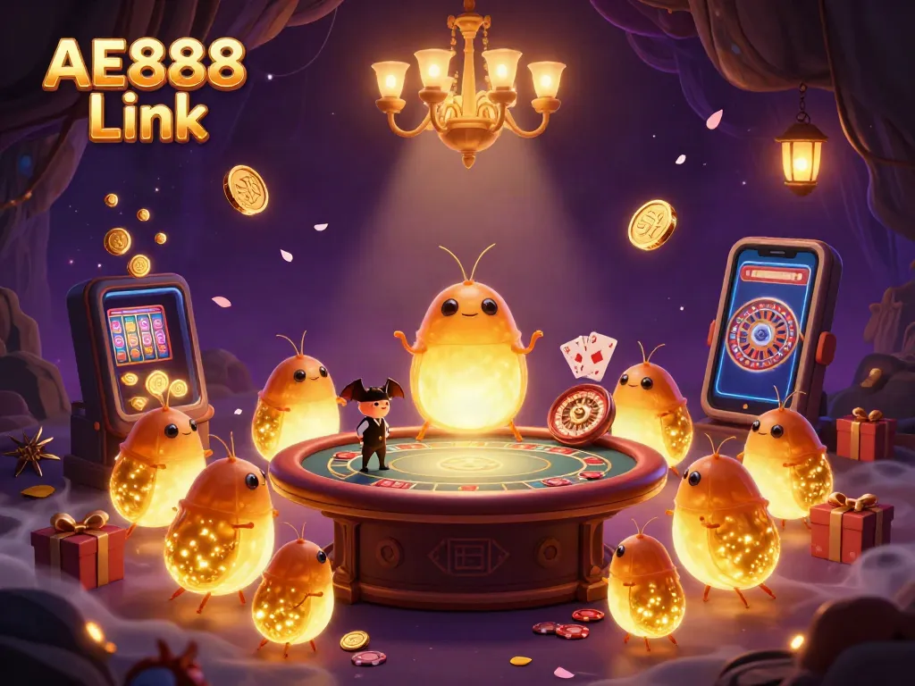Experience the excitement of AE888 Link with glowing characters illuminating a vibrant casino scene.