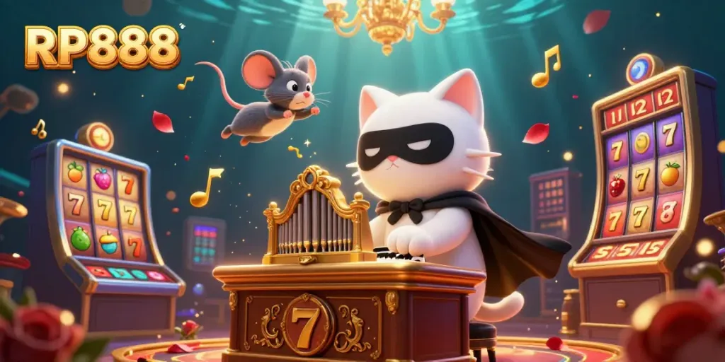 Engage in thrilling slot action with RP888 featuring a masked cat playing organ amidst vibrant symbols.