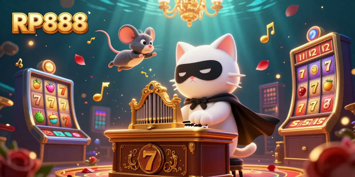 Engage in thrilling slot action with RP888 featuring a masked cat playing organ amidst vibrant symbols.
