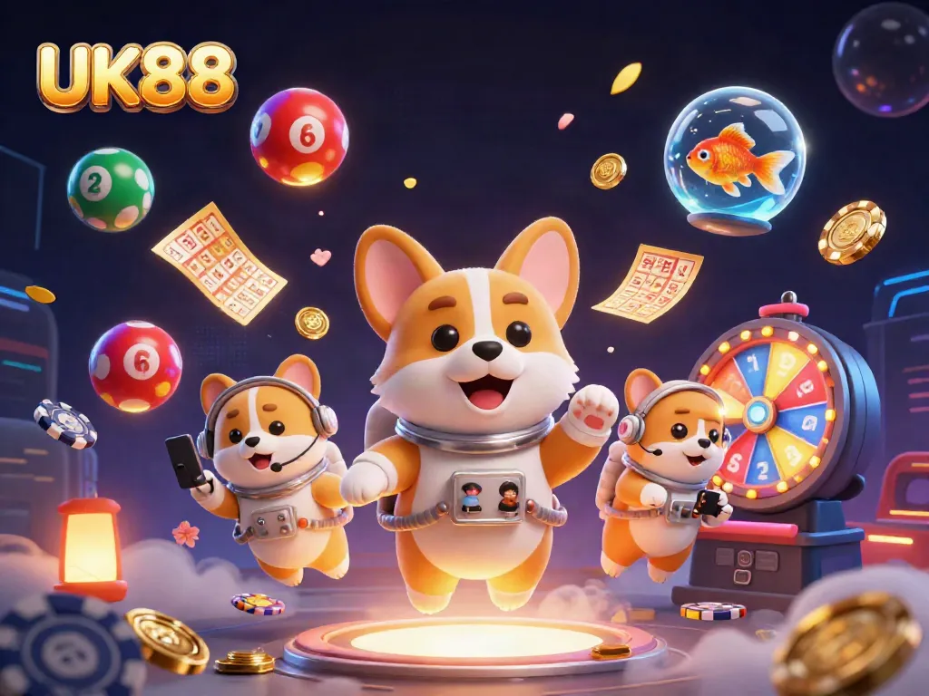 Experience thrilling gaming action at UK88 with vibrant lottery balls and dynamic visuals in a casino setting.