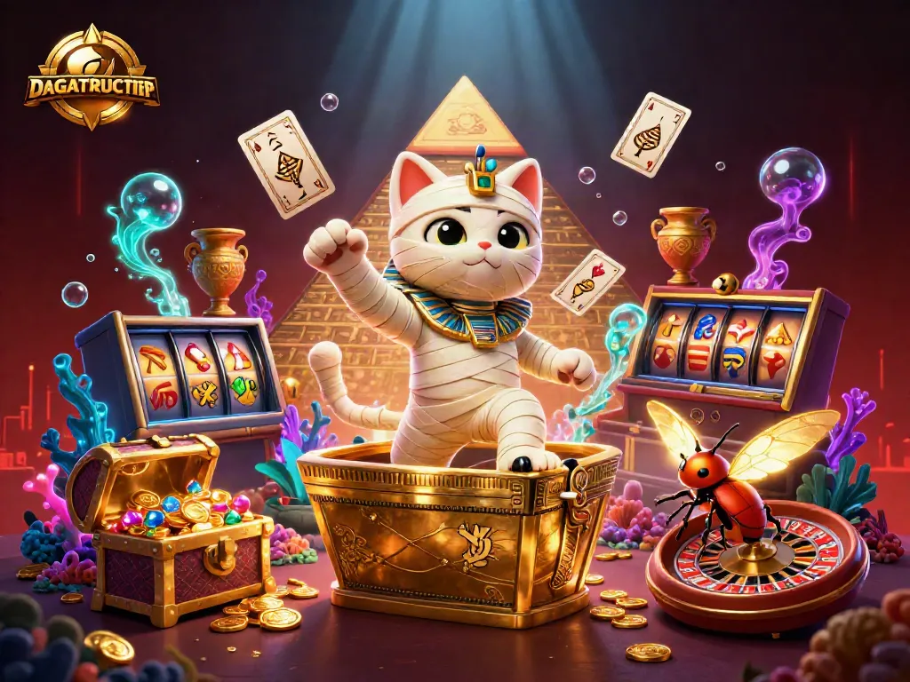 DAGATRUCTIEP features an Egyptian mummy cat in a vibrant casino scene, capturing live gaming action.