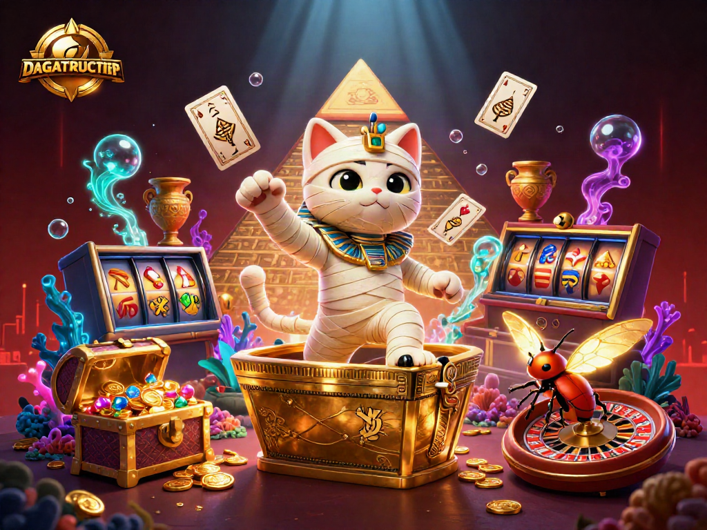 DAGATRUCTIEP features an Egyptian mummy cat in a vibrant casino scene, capturing live gaming action.
