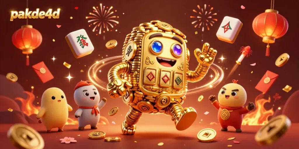 Experience pakde4d's interactive gaming through vibrant visuals featuring a golden golem surrounded by festive elements.