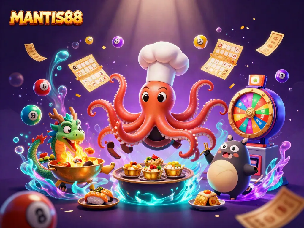 MANTIS88 engages players with a vibrant, dynamic scene featuring a cartoon sushi chef octopus and a dragon, surrounded by lottery elements.