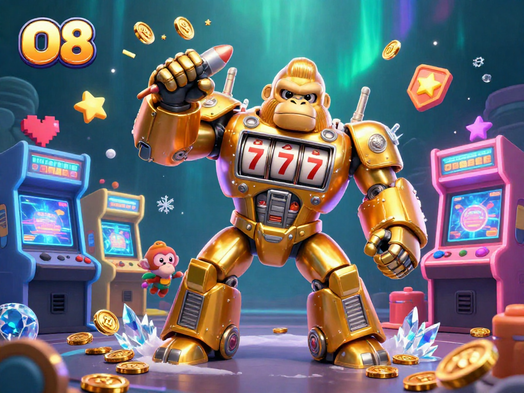 Experience the thrill of O8 with a action-packed scene featuring a golden gorilla mech in a casino setting.