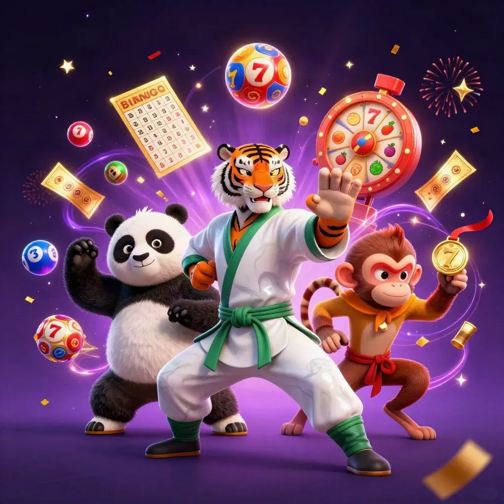 Tiger, panda, and monkey in a marble casino burst with reels, balls, wheel, and gold confetti.