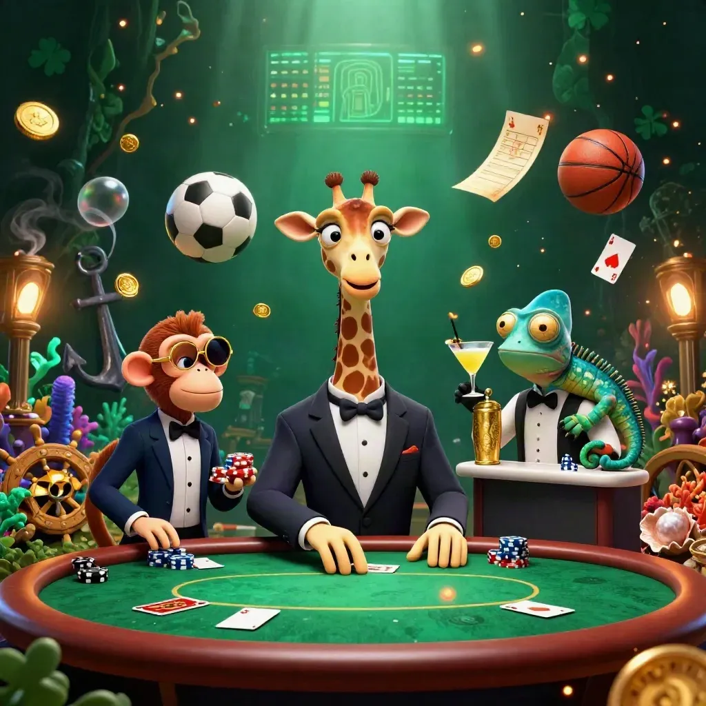 Ground-level casino safari with giraffe, monkey and chameleon amid balls, coins, coral and torch glow.