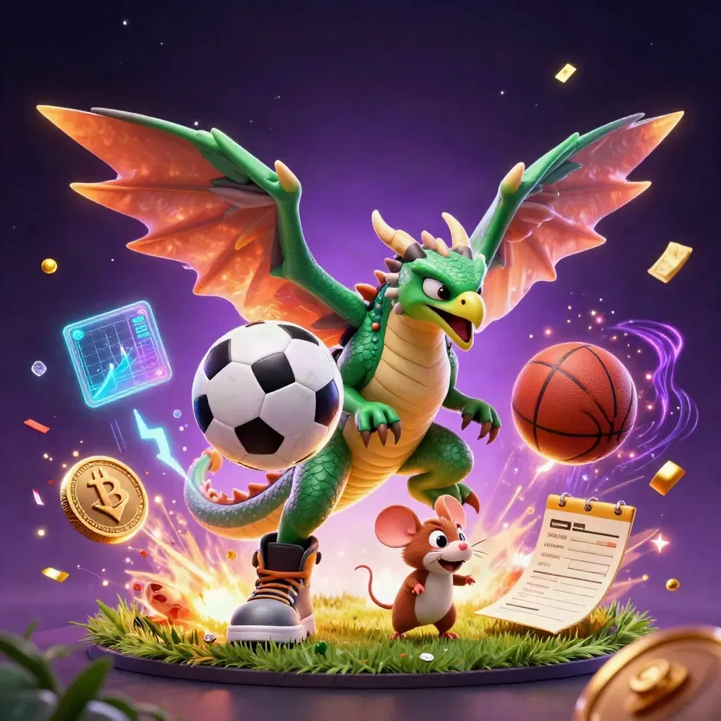 Thunder dragon, wind hawk, and static mouse amid coins, sports gear, lightning, and starry casino effects.