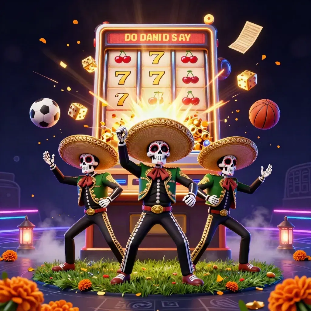 Three skeleton mariachi figures burst with slot symbols, sports balls, gold, and fog in neon casino light.