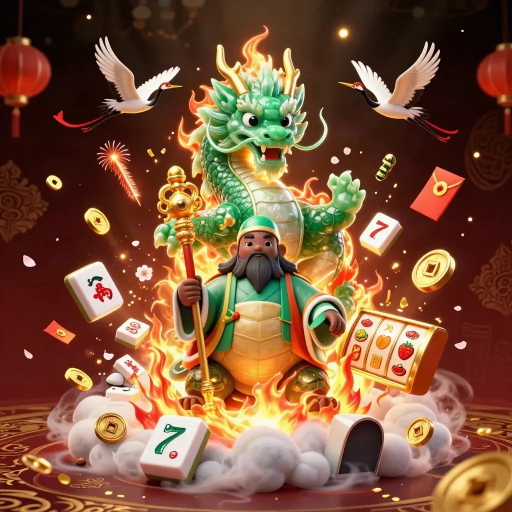 Emerald dragon, turtle sage, and cranes amid gold casino magic, jade coins, and lantern glow