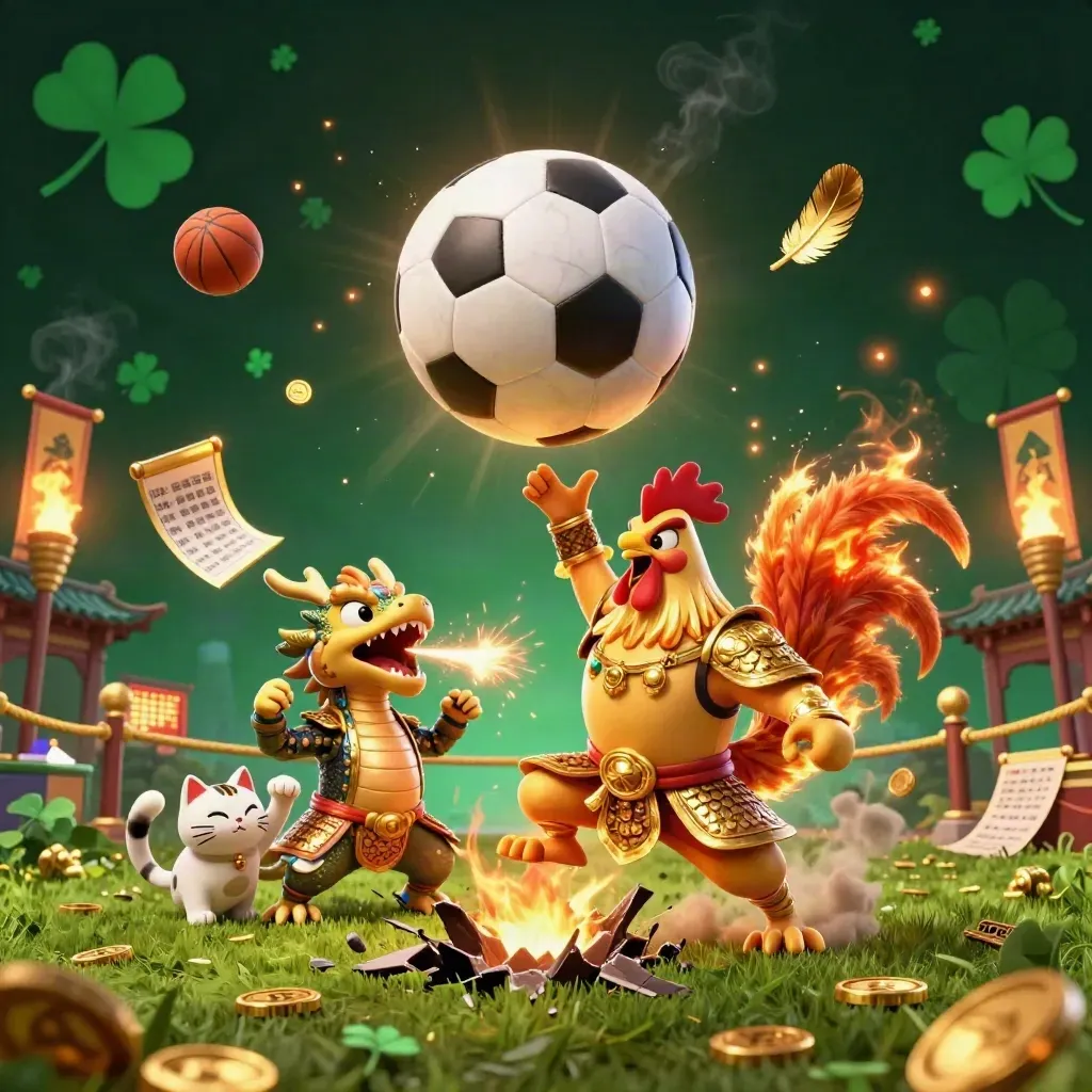 Rooster warrior, dragon hatchling and fortune cat in a marble-gold soccer blast with sparks and coins.