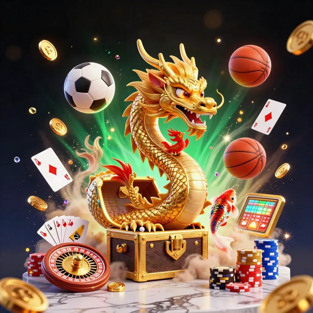 Golden dragon casino art with phoenix, koi, coins, roulette wheel, and chips.