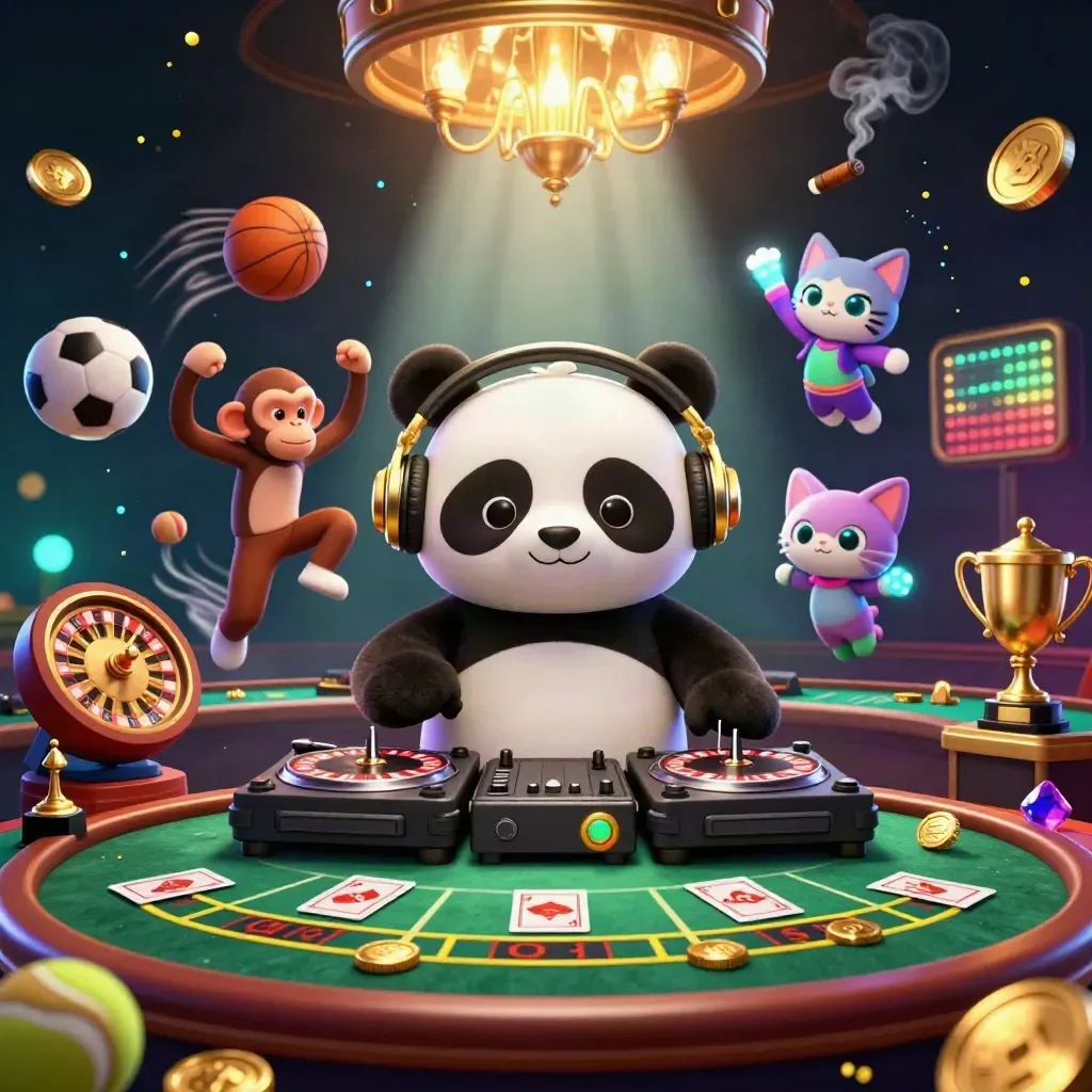 DJ panda, breakdancing monkey and rave kitten amid gold casino lights and flying sports balls