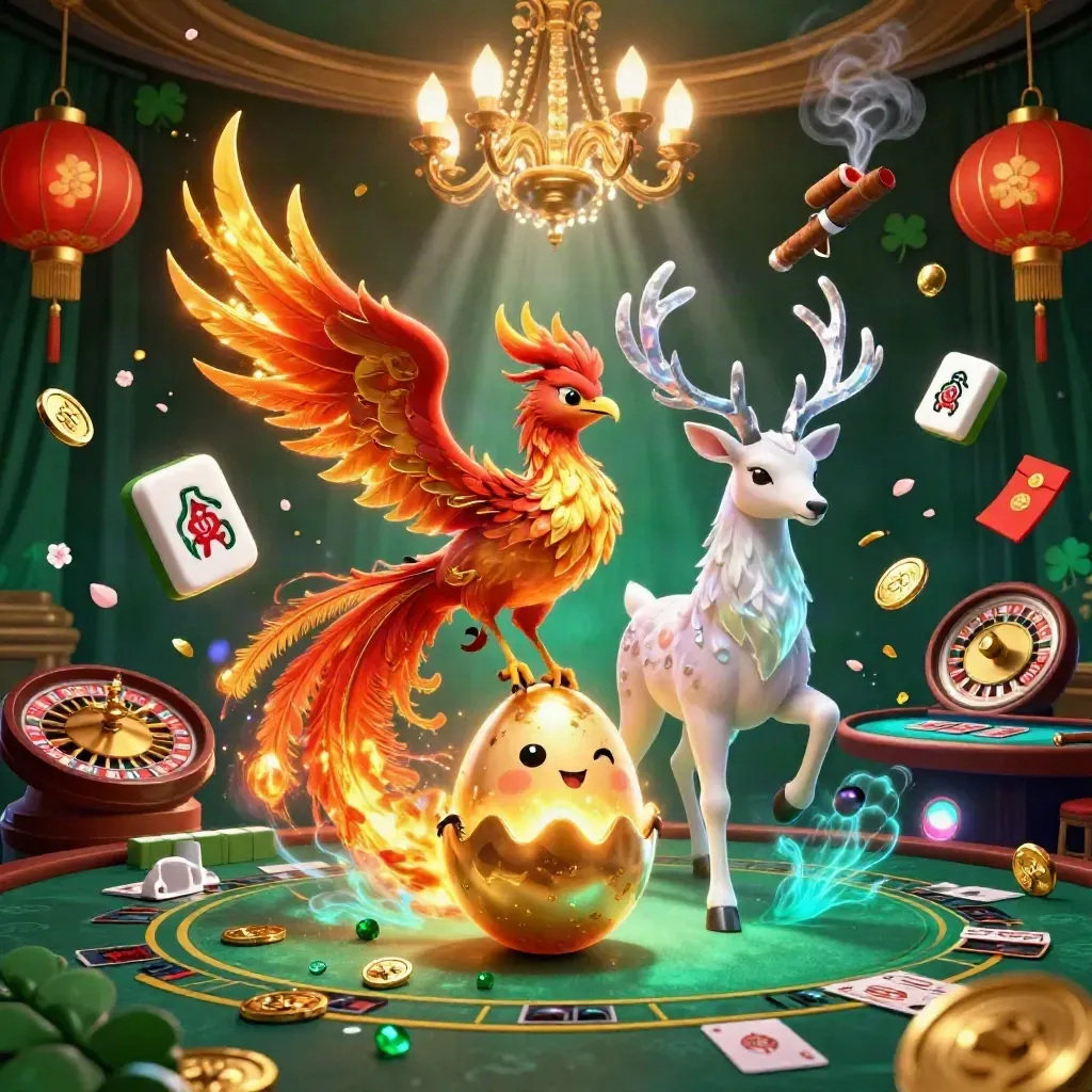 Fire phoenix, baby phoenix, and crystal stag amid jade coins, lanterns, smoke, and a spinning roulette wheel.