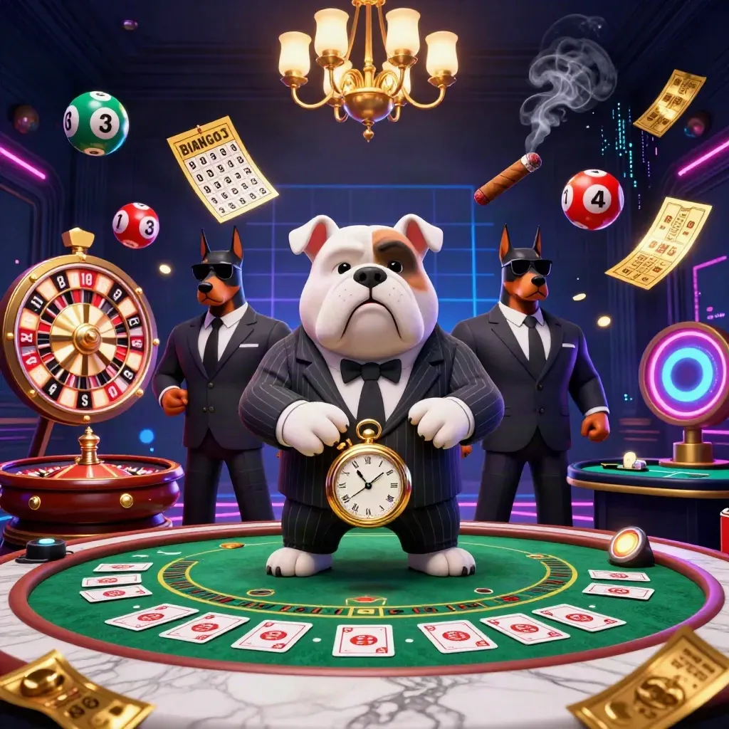 Bulldog boss and Dobermans amid roulette, lottery balls, cards, gold, and neon casino energy.