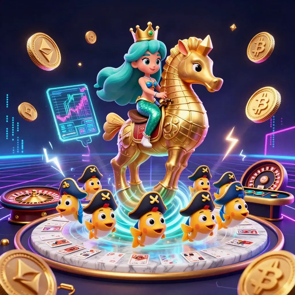 Mermaid princess on a golden seahorse amid pirate fish, casino glow, coins, and neon energy.