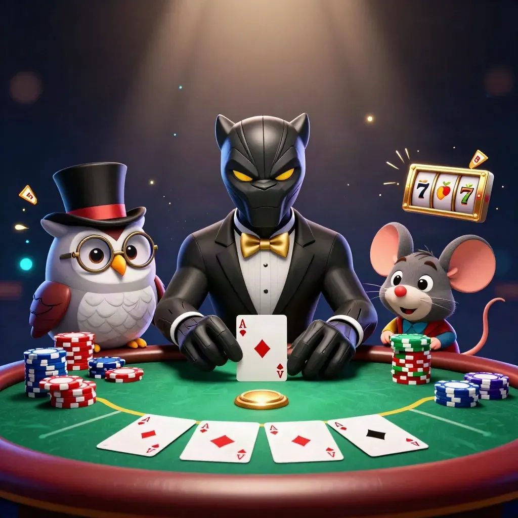 Panther, owl, and mouse in tuxedoed casino action amid chips, aces, reels, and emerald glow.
