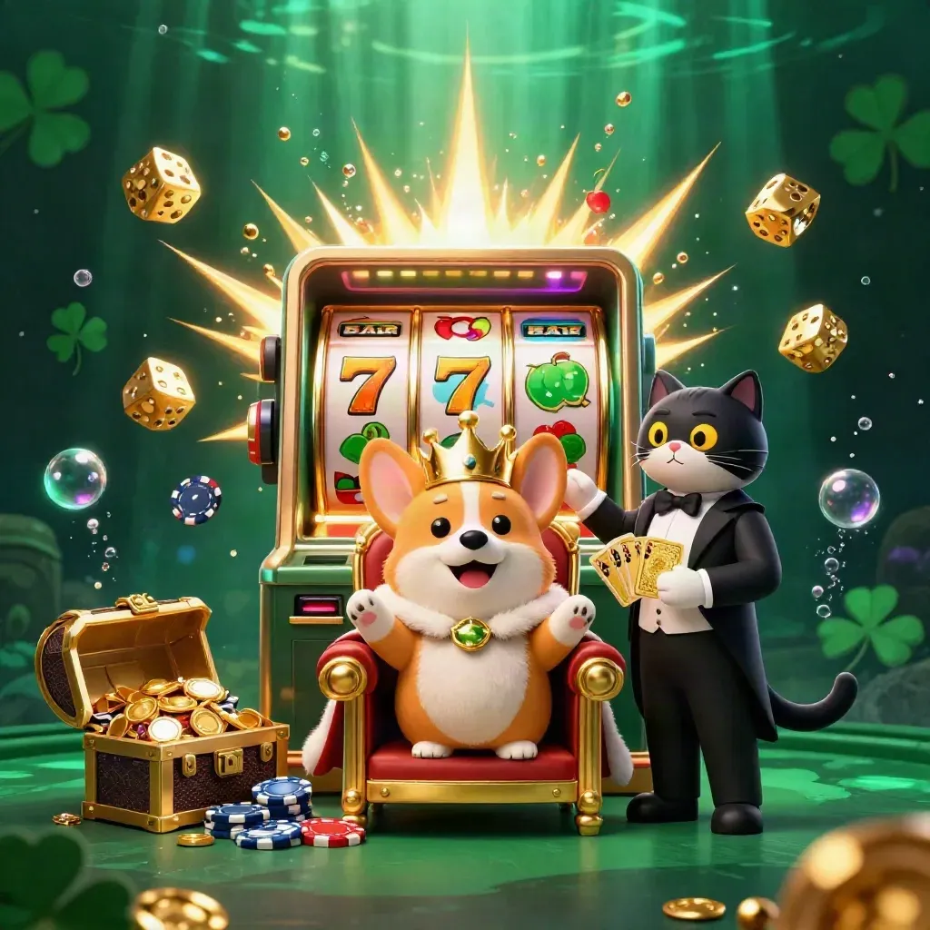 Royal corgi and cat butler amid exploding slot reels, gold, gems, and emerald casino light