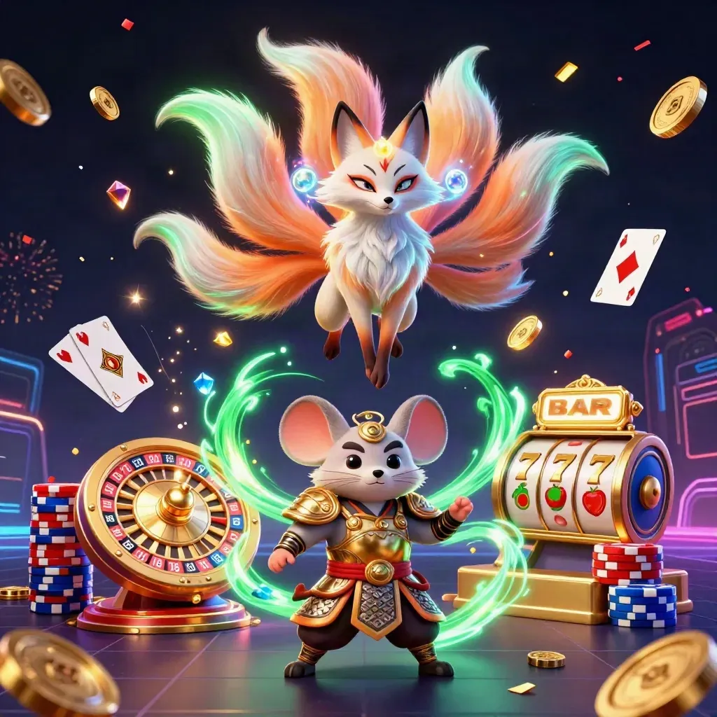 Nine-tailed fox spirit and armored mouse amid coins, gems, cards, chips and neon casino effects