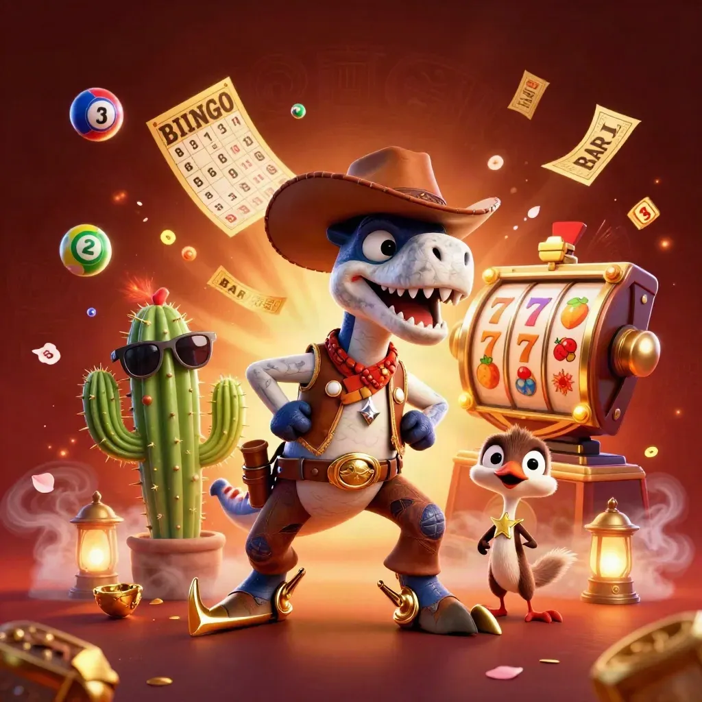 Cowboy T-Rex trio amid gems, lottery balls, and casino relics in a fiery glow.
