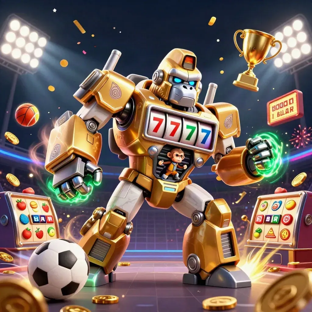 Golden gorilla mech and monkey pilot amid neon sports balls, coins, trophies, and casino energy.