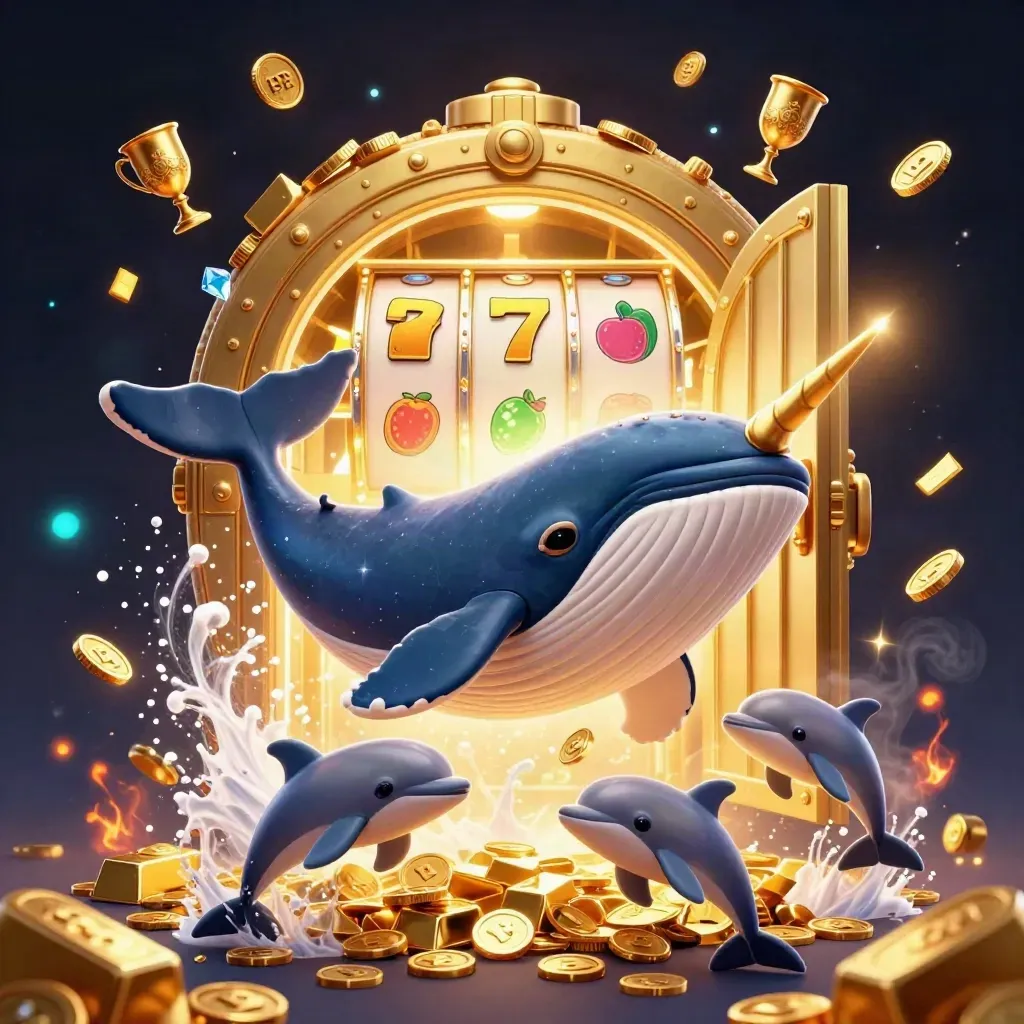 Whale captain, narwhal, and dolphins burst from gold coins in a glowing casino vault.