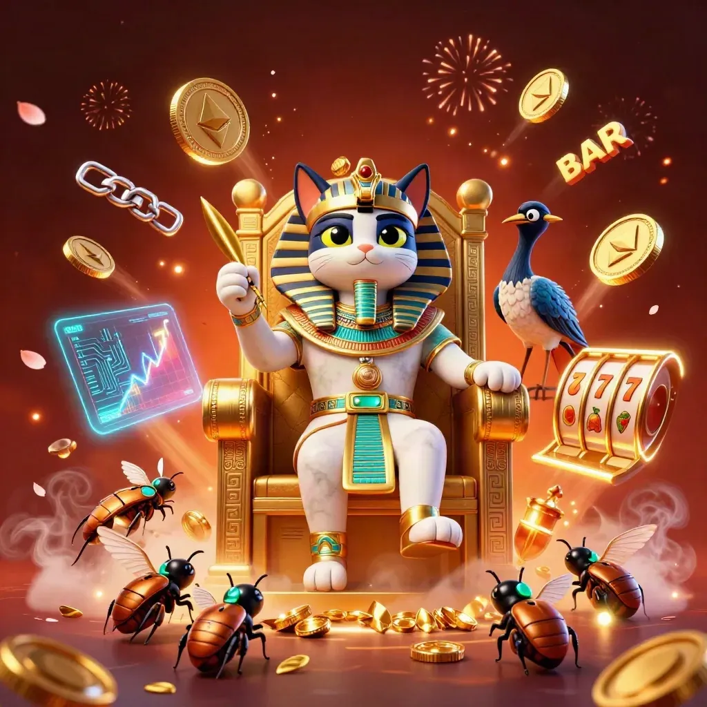 Pharaoh cat, ibis scribe, and gem-wing scarabs amid coins, reels, fireworks, and neon casino magic.