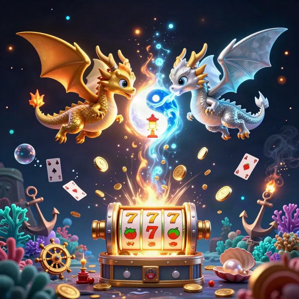 Gold and silver dragons spiral with fire and ice over a treasure cove of coins, coral and slots