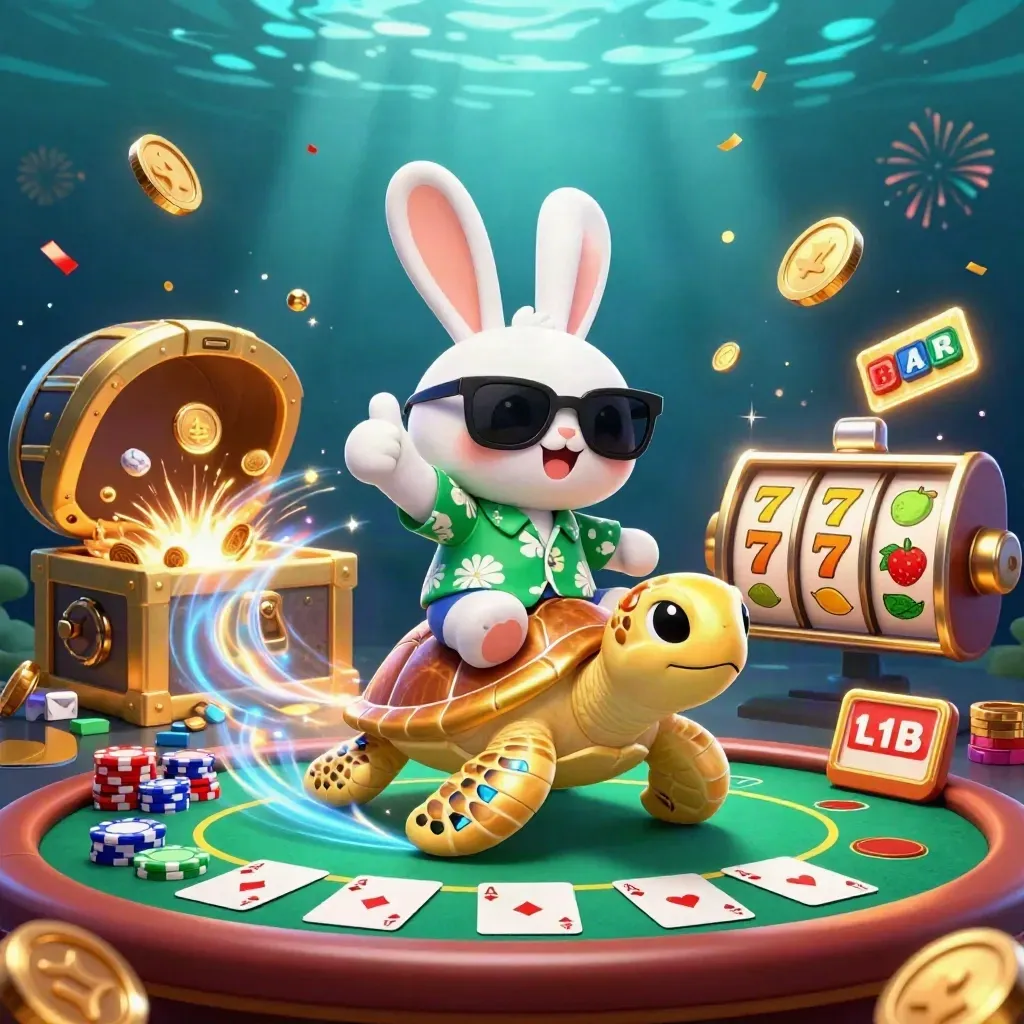 Lucky rabbit rides a gold turtle amid coins, chips, cards, fish, and fireworks underwater.