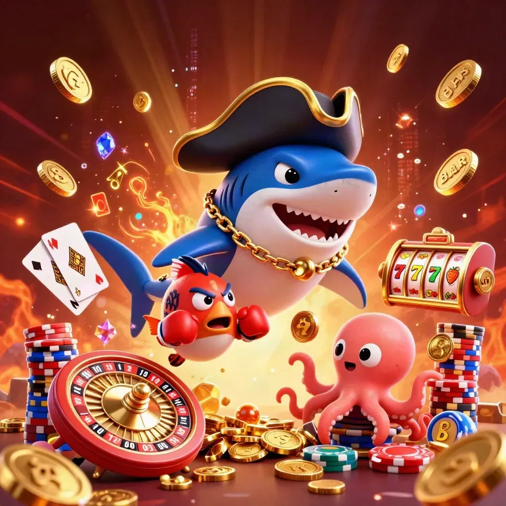 Pirate shark, boxing pufferfish, and coin-juggling octopus amid a casino treasure burst