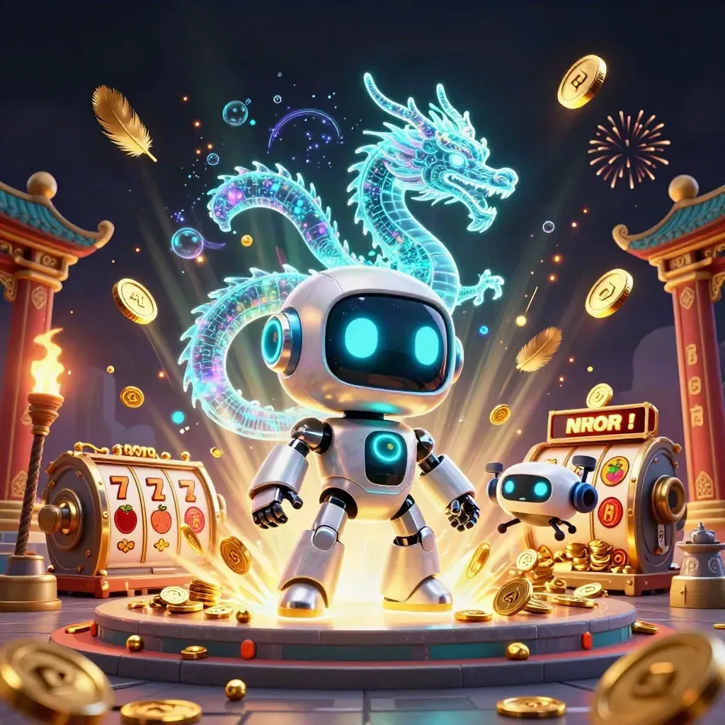 Robot, dragon, and drone amid bursting gold coins, reels, and temple-luxe casino glow.